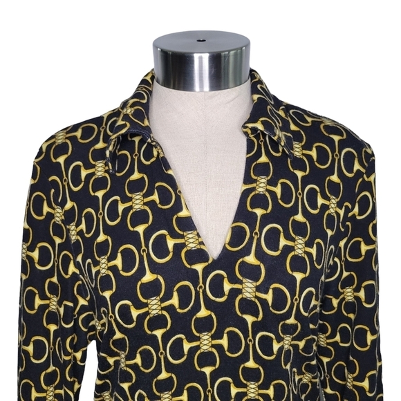 J. McLaughlin Black & Gold Horse Bit Pattern Jersey Knit 3/4 Sleeve Dress Size S - Picture 2 of 9